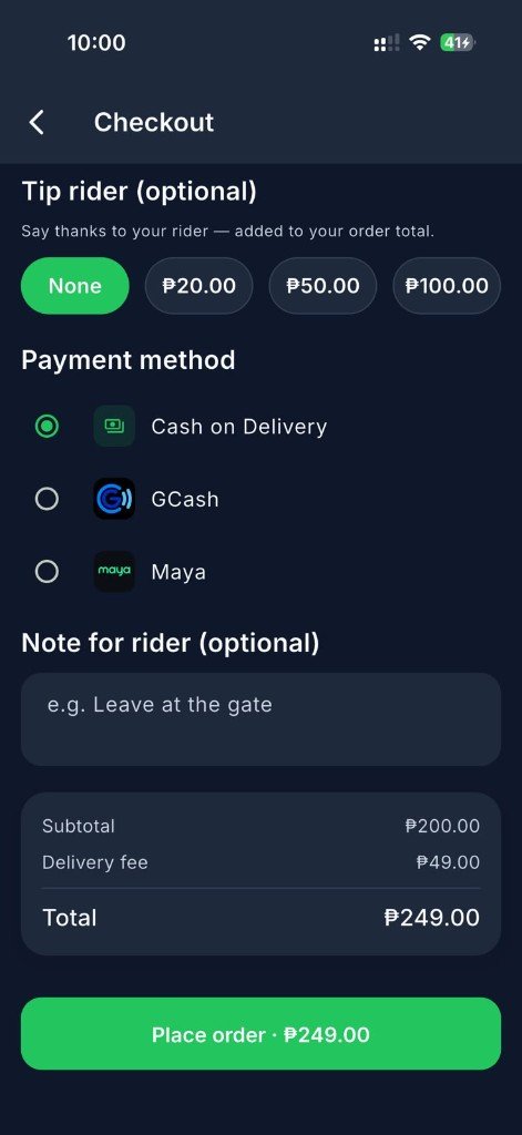 SugoGo checkout with tip options and payment methods