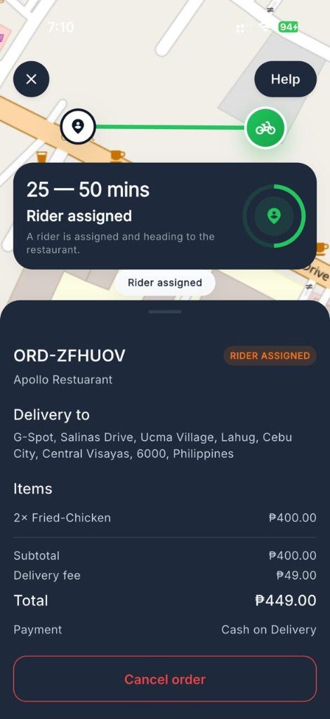 SugoGo live order tracking with rider assigned status
